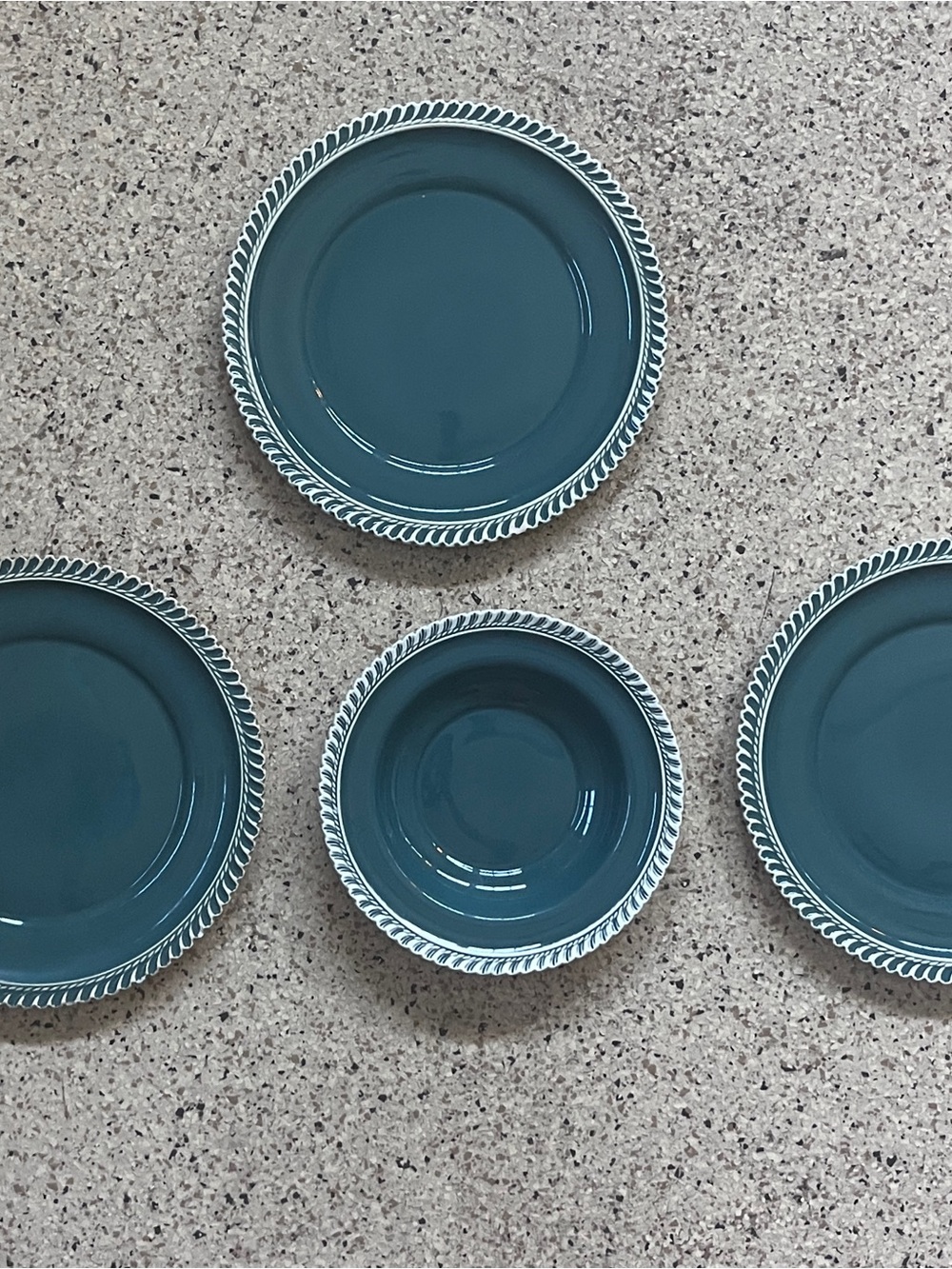 Lot Harker Corinthian Teal 3 Dinner Plates  10 1/2” & 1 Pate sur Pate Bowl